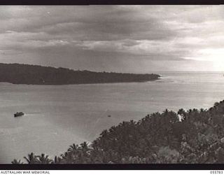 MOROBE, NEW GUINEA. 1943-08-13. THE HARBOUR, AS SEEN FROM THE BOFORS GUN STATION L3, OF THE 162ND AUSTRALIAN LIGHT ANTI-AIRCRAFT BATTERY