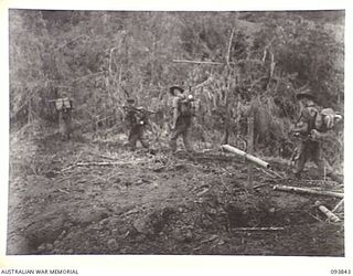 YAMIL AREA, NEW GUINEA, 1945-07-06. MEMBERS OF 17 PLATOON, D COMPANY, 2/5 INFANTRY BATTALION MOVING TO A NEW POSITION AT ULUPU, PASS THE GRAVE OF A FALLEN COMRADE