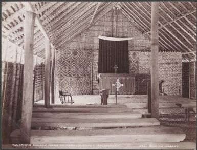 Interior of the All Saints Church at Mara-na-tabu, Bugotu, Solomon Islands, 1906 / J.W. Beattie