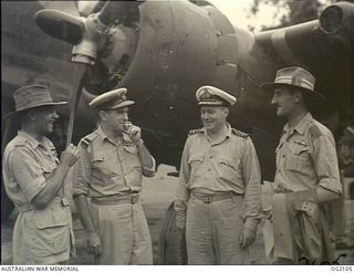 TOROKINA, BOUGAINVILLE ISLAND, SOLOMON ISLANDS. 1945-01-19. AUSTRALIAN SENIOR OFFICERS OF THE COMBINED SERVICES AFTER A CONFERENCE AT TOROKINA. LEFT TO RIGHT: LIEUTENANT COLONEL A. BINNIE, WEST ..