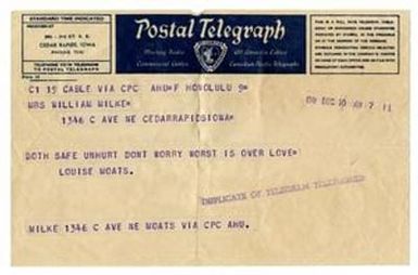 [Telegram From Louise Milke Moats Whatley to Her Parents - December 10, 1941]