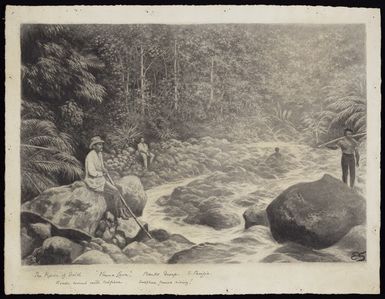 Sandys, Edward Roper Stapleton, b 1845 :The river of gold, Vanua Lava. Banks Group, S. Pacific. Rocks covered with sulphur. Sulphur fumes rising! [ca 1888-1889]