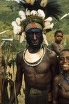 A village leader in regalia including a headdress with feathers, a pearlshell ornament, and other shell valuables