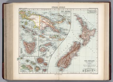 81. Suedsee-Inseln. (insets) Neu-Zealand. Neu-Guinea. Tasmania. Hawaii Inseln. Tahiti. Fidschi Inseln.