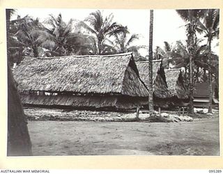 PALMALMAL PLANTATION, JACQUINOT BAY, NEW BRITAIN, 1945-08-14. THE OFFICERS' WARD (WARD 2) 2/8 GENERAL HOSPITAL. NATIVE STYLE CONSTRUCTION HAS BEEN USED FOR THESE BUILDINGS