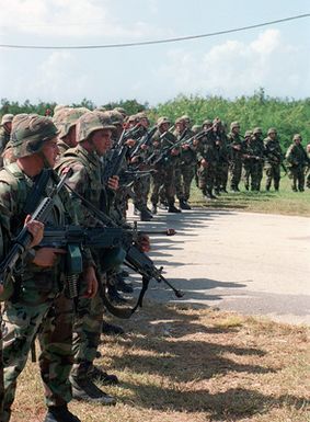 US Army (USA) Soldiers assigned to A/Company, 1ST Battalion, 17th Infantry Division armed with 5.56mm M16A2 assault rifles form a scrimmage line while practicing riot control techniques at Orote Point, Guam, during Exercise TANDEM THRUST '99