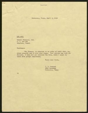 [Letter from I. H. Kempner to Hawaii Blossoms, Ltd., April 5, 1962]