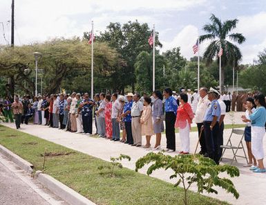 Former members of the Guam Combat Patrol, established in October, 1944, and disbanded in August, 1946, await presentation of the Asiatic-Pacific Campaign Medal and the World War II Victory Medal during a Veteran's Day memorial service at Skinner Plaza