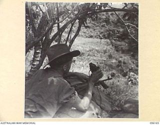 BRANDI, NEW GUINEA, 1945-09-07. CORPORAL C.H. SEDGWICK, 35 INFANTRY BATTALION, LOOKING DOWN FROM THE BLOT ONTO THE JAPANESE PERIMETER, KEEPING WATCH FOR STRAY JAPANESE