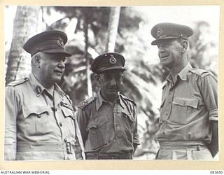 AITAPE, NEW GUINEA. 1944-11-29. GENERAL SIR THOMAS A BLAMEY, COMMANDER- IN- CHIEF, ALLIED LAND FORCES, SOUTH WEST PACIFIC AREA (1), WITH MAJOR- GENERAL J E S STEVENS, (2), AND MAJOR- GENERAL R H ..