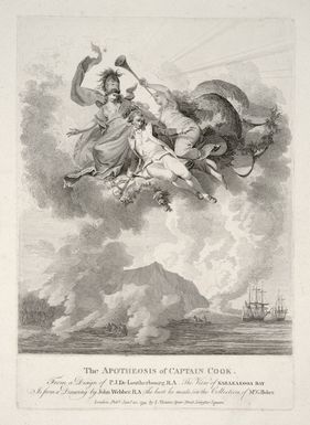 Loutherbourg, Philippe Jacques de, 1740-1812 :The Apotheosis of Captain Cook from a design of P. J. de Loutherbourg, R. A. The view of Karakakooa Bay is from a drawing by John Webber R. A. (the last he made) in the collection of Mr G. Baker. London. Published January 20 1794 by J. Thane, Spur Street, Leicester Square