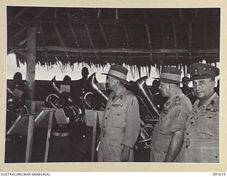 NADZAB, NEW GUINEA. 1945-05-11. GENERAL SIR THOMAS A. BLAMEY, COMMANDER-IN-CHIEF, ALLIED LAND FORCES, SOUTH WEST PACIFIC AREA (3), ACCOMPANIED BY COLONEL W.M. EDWARDS, COMMANDER PACIFIC ISLANDS ..