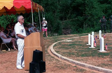 Dr. William Putney, a World War II war dog veterinarian, gives an emotional speech about the war dogs. This is the 50th Anniversary Ceremony of the Liberation of Guam