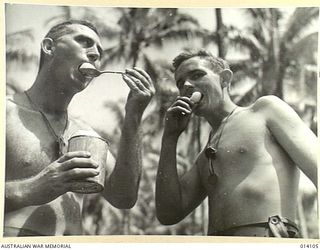 1943-01-14. NEW GUINEA. "MOPPING UP" THE JAPANESE IN THE CAPE ENDAIADERE AREA TROOPERS D.M. CODDINGTON OF YOUNG N.S.W. AND R.J. PICKBURN OF SYDNEY PAUSE TO ENJOY SOME AUSTRALIAN AND CANNED PEARS. ..