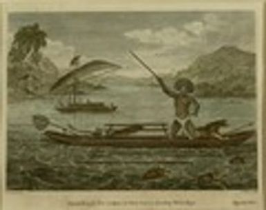 Papua men in New Guinea in their canoes hunting wild hogs.