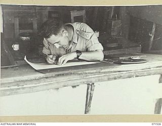 KOITAKI, PORT MORESBY AREA, PAPUA, NEW GUINEA. 1944-03-27. VX108341 CAPTAIN N. M. WALKER MAKING A BLUE PRINT IN THE AUSTRALIAN ARMY EDUCTION SERVICE PRINTING AND DRAWING ROOM SITUATION TO THE REAR ..