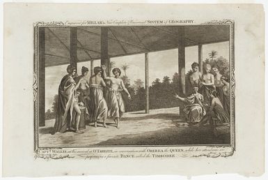 Hamilton, William 1751-1801 :Capt[ai]n Wallis, on his arrival at O'Taheiti, in conversation with Oberea the Queen while her attendants are performing a favorite dance called the Timrodee / Hamilton delin ; Morris sculp. [London, Alexander Hogg, 1782]