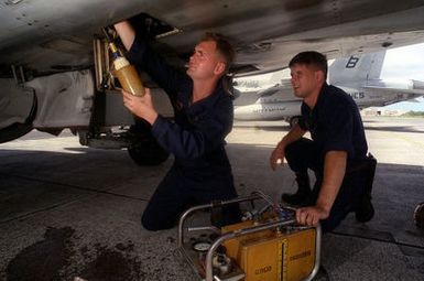 Marine Corps aircraft mechanics assigned to VMFA-142, based at NAS Atlanta, Georgia, perform hydraulic fluid check on an F/A-18 Hornet in preparation for a mission supporting exercise RIMPAC '98