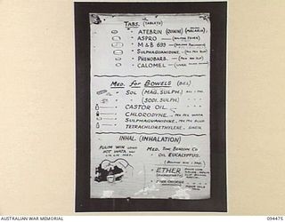 LAE AREA, NEW GUINEA, 1945-08-03. A "PIDGIN" ENGLISH CHART USED FOR THE INSTRUCTION OF NATIVE REGIMENTAL AID POST ORDERLIES. THE PHOTOGRAPH WAS MADE AT THE REQUEST OF HEADQUARTERS AUSTRALIAN NEW ..