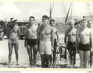 TOROKINA, BOUGAINVILLE ISLAND. 1945-01-28. AN AUSTRALIAN ARMY TEAM PARADING DURING AN EXAMINATION FOR THE BRONZE LIFE SAVING MEDALLION