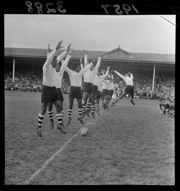 Fijian rugby team performing a cibi before facing the New Zealand Maori team at Athletic Park, Wellington