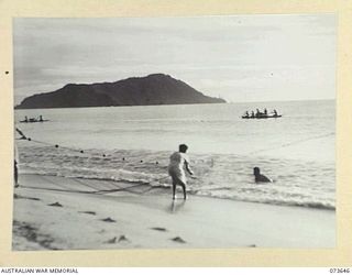 SALAMAUA, NEW GUINEA. 1944-06-02. NATIVES FROM A NEARBY VILLAGE ASSIST MEMBERS OF THE 2ND MARINE FOOD SUPPLY PLATOON TO HAUL A DRAGNET AT FRISCOE BEACH