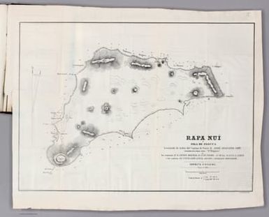 Rapa Nuí ó Isla de Pascua. Levantado de órden del Capitan de Navio D. José Anacleto Goñi. Comandante de la Corbeta chilena "O'Higgins" por los tenientes 2os. D. Javier Molinas, D. Luis Uribe, Ga. Ma. Ex. D. Luis A. Lynch i los cadetes SS. Cueto, Goñi, Lynch, Aguayo i Serrano Montaner. Corbeta O'Higgins. Enero de 1870. Lit. Cadot. Brandt, Santiago.