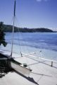 French Polynesia, outrigger canoe on beach in Bora Bora