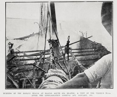 Burning of the barque Imacos at Haapai, South Island Seas