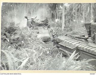 MADANG, NEW GUINEA. 1944-10-12. A SHERMAN M4A2 TANK BEING RECOVERED BY A CHURCHILL V TANK DURING TESTS CONDUCTED AT HQ 4 ARMOURED BRIGADE