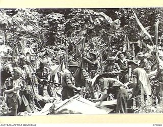 SIO, WEST NEW GUINEA. 1944-01-24. 4TH INFANTRY BATTALION SIGNALLERS BUILDING SHELTERS IN THE VALLEY WEST OF SIO MISSION. IDENTIFIED PERSONNEL ARE: NX156964 PRIVATE John Franklin VAUGHAN (1); ..
