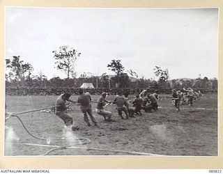 HERBERTON, QLD. 1945-01-19. THE TEAM FROM HQ 20 INFANTRY BRIGADE WINNING THE PULL FROM THE ROYAL AUSTRALIAN ARTILLERY TEAM DURING THE 1ST FINAL OF THE TUG OF WAR IN THE 9 DIVISION GYMKHANA AND RACE ..