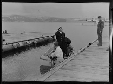 New Zealand chief of naval staff (rear-admiral) J E H McBeath with chief of air staff (air vice-marshal) C E Kay on their way to Fiji on a flying boat