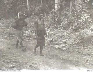 KARKAR ISLAND, NEW GUINEA. 1944-10-20. AN ILLUSTRATION OF AN OLD NATIVE CUSTOM. THE WOMAN CARRIES THE GOODS AND CHATTELS WHILE THE MAN WALKS IN FRONT CARRYING THE WEAPONS NECESSARY TO PROTECT HIS ..