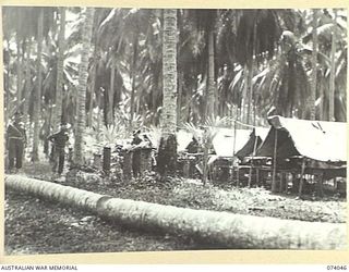 SIAR, NEW GUINEA. 1944-06-20. THE ORDERLY OFFICER AND ORDERLY SERGEANT OF HEADQUARTERS COMPANY, 58/59TH INFANTRY BATTALION, INSPECTING THE TENT LINES OF D COMPANY. IDENTIFIED PERSONNEL ARE:- ..