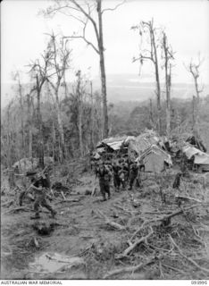 MOUNT SHIBURANGU, WEWAK, NEW GUINEA, 1945-07-13. TROOPS OF 2/4 INFANTRY BATTALION, MOVING UP TO OCCUPY POSITIONS VACATED BY 2/8 INFANTRY BATTALION COMPANIES WHICH HAVE MOVED FORWARD IN READINESS ..