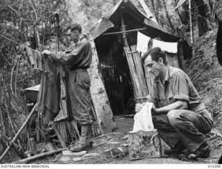 1943-08-04. NEW GUINEA. MUBO CAMPAIGN. WASHING DAY SOMEWHERE NEAR MUBO ON THE SIDE OF A STEEPLY GRADED SLOPE. STAFF SERGEANT LES ALMOND OF ELSTERNWICK, VIC., AND CPL. FRANK MILTROY OF ST. KILDA, ..
