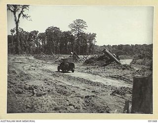 BOUGAINVILLE. 1945-04-21. A SECTION OF THE NEW 3-TON ROAD UNDER CONSTRUCTION BY 15 FIELD COMPANY ROYAL AUSTRALIAN ENGINEERS. THE ROAD WILL FORM THE MAIN SUPPLY ROUTE TO FORWARD BATTALIONS PUSHING ..