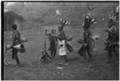 Pig festival, stake-planting, Tuguma: men expel enemy spirits from dance ground with bespelled stakes, leaves, and singing