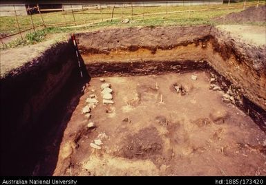 Rectangle III with features at base of Zone C-2 including a stone alignment seaward of burial area