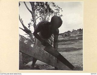 MAPRIK, NEW GUINEA. 1945-10-03. A NATIVE AT WORK AT AUSTRALIAN NEW GUINEA ADMINISTRATIVE UNIT HEADQUARTERS SAWING NOTCHES IN TIMBER FOR RIFLE RACKS TO BE USED BY NATIVE POLICE
