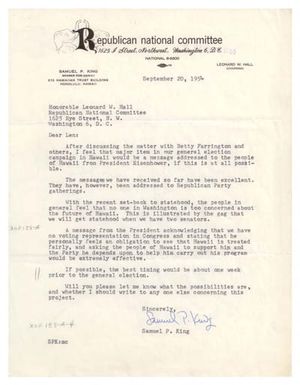 Letter, Samuel P. King to Leonard Hall, Republican National Committee, Regarding Upcoming General Election