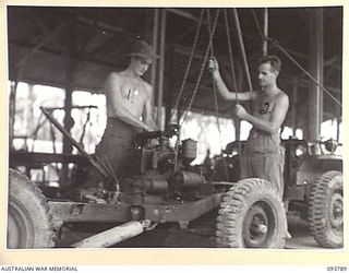 PALMALMAL PLANTATION, JACQUINOT BAY, NEW BRITAIN, 1945-06-06. PRIVATE G.C. KENNEDY (1) AND WARRANT OFFICER 2 G.A. SPENCER (2), MEMBERS OF 1 INFANTRY TROOPS WORKSHOP LOWERING A RE-CONDITIONED JEEP ..