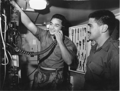 Army; signaller Hemi Taumaunu, 2nd Lieutenant Hector Matthews, on Joint Venture '86, Rarotonga.