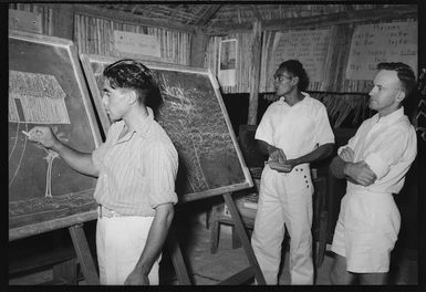 Polynesian teachers of Mauke Island, Cook Islands, being examined by Education Officer, Mr W A McKenzie - Photograph taken by Mr Malloy
