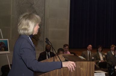 Secretary Gale Norton speaking at meeting of the U.S. Coral Reef Task Force in Washington, D.C. Norton was among officials from 12 federal agencies, 7states and territories, as well as the Marshall Islands, Micronesia, and Palau, discussing projects to improve conservation and management of coral reefs, the impact of climate change, international trade issues, and other matters