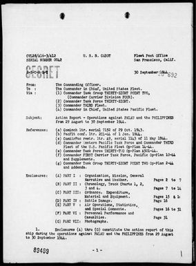 USS Cabot - Rep of Air Ops Against the Palau & Philippine Is, 8/29/44 - 9/30/44