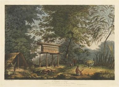 A toopapoo of a chief, with a priest making his offering to the morai in Huoheine / J. Webber fecit