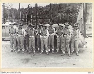 RABAUL, NEW BRITAIN. 1945-10-28. MEMBERS OF THE PROVOST CORPS WHO PROVIDED ESCORT FOR GENERAL SIR THOMAS A. BLAMEY, COMMANDER-IN-CHIEF, ALLIED LAND FORCES, SOUTH WEST PACIFIC AREA, DURING HIS TOUR ..