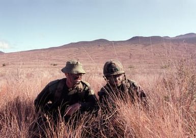 CAPT. Anthony J. Watts, a member of Co. C, 8/9 Royal Australian Regiment, and 2nd LT. Brock E. Ayers, right liaison officer from the 1ST Bn., 21st Inf., 25th Inf. Div., observe opposing forces during a joint U.S./Australian training exercise at the U.S. Army`s Pohakuloa Training Area